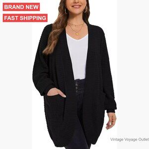Plus Size Long Cardigan Sweater Open Front Waffle Ribbed Sleeves Pockets